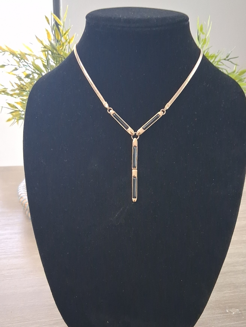 Vintage 1980s Monet Lariat Necklace Modernist Design Gold-Plated Black Enamel